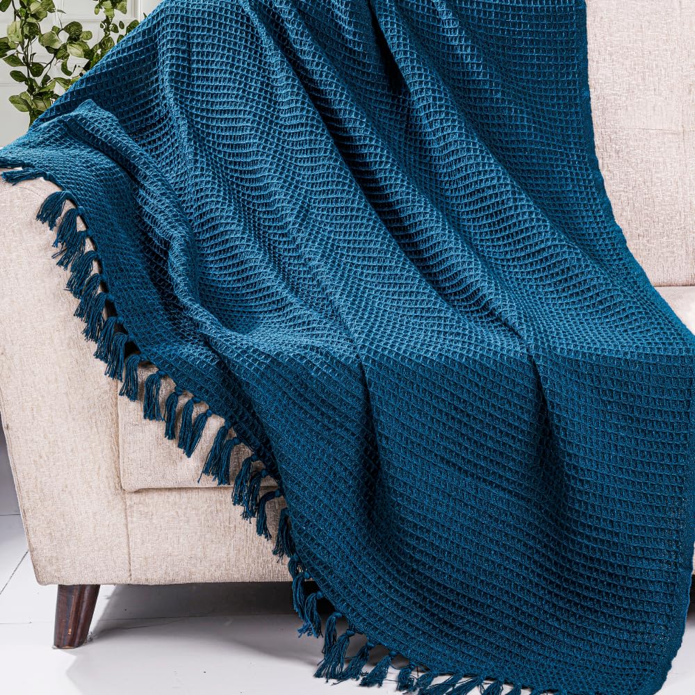 Blue Strip Cotton Waffle Throw – Soft, Breathable Comfort for Sofa & Bed