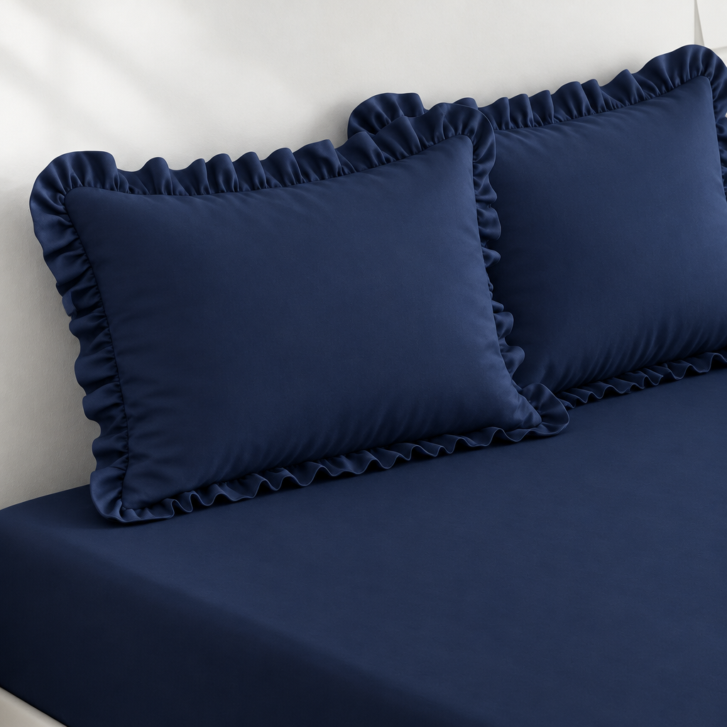 The Navy Frill Edit - Flat Bedsheet 90x100 with 2 Zip Frill Pillow Covers