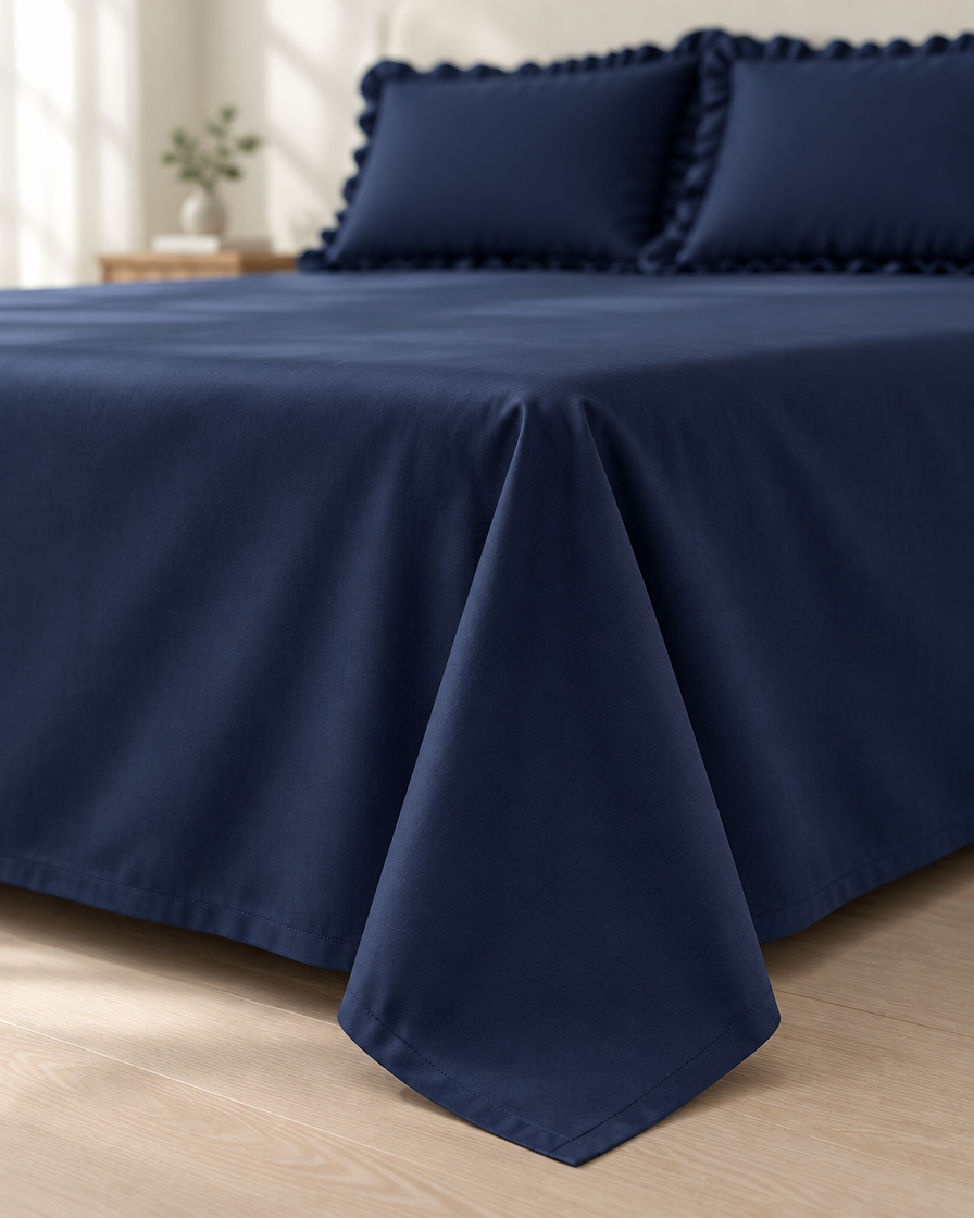 The Navy Frill Edit - Flat Bedsheet 90x100 with 2 Zip Frill Pillow Covers