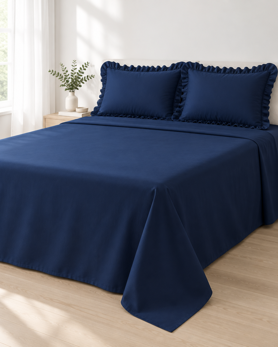The Navy Frill Edit - Flat Bedsheet 90x100 with 2 Zip Frill Pillow Covers