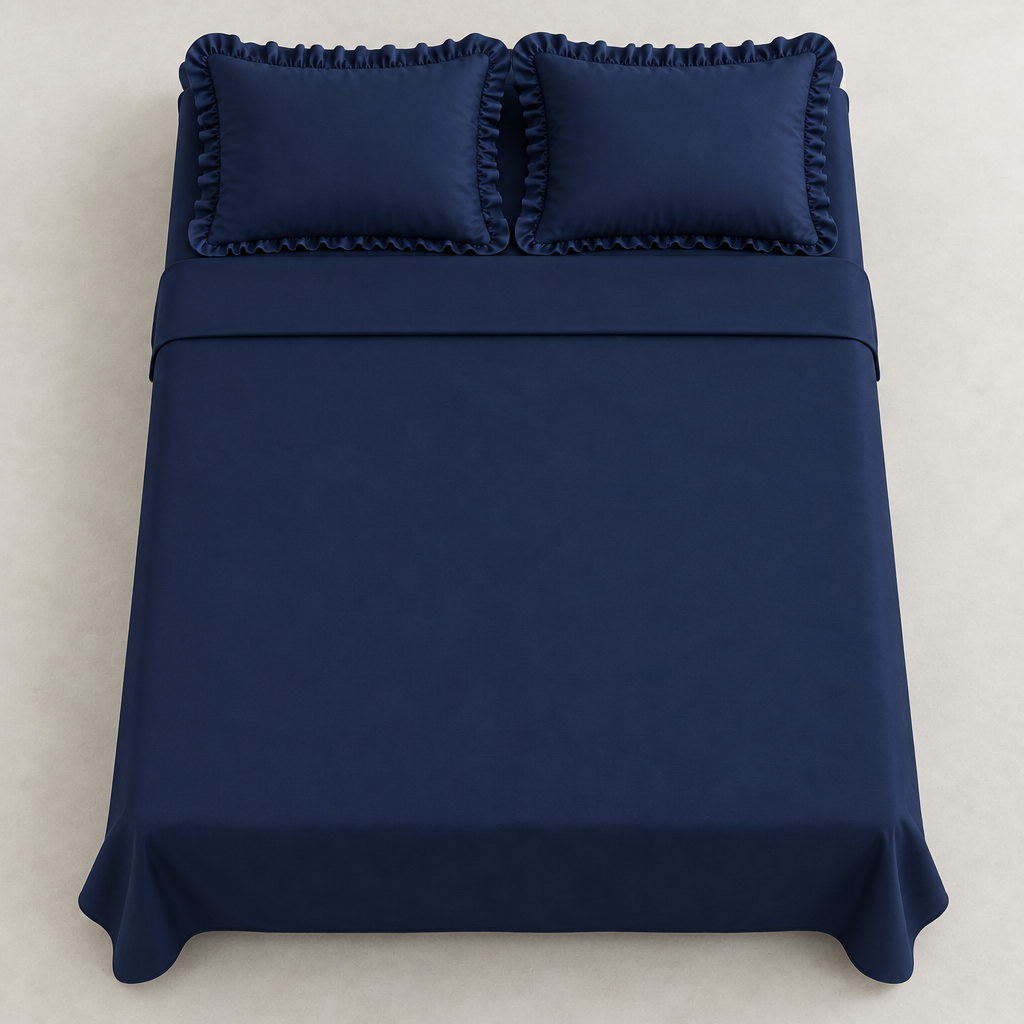 The Navy Frill Edit - Flat Bedsheet 90x100 with 2 Zip Frill Pillow Covers