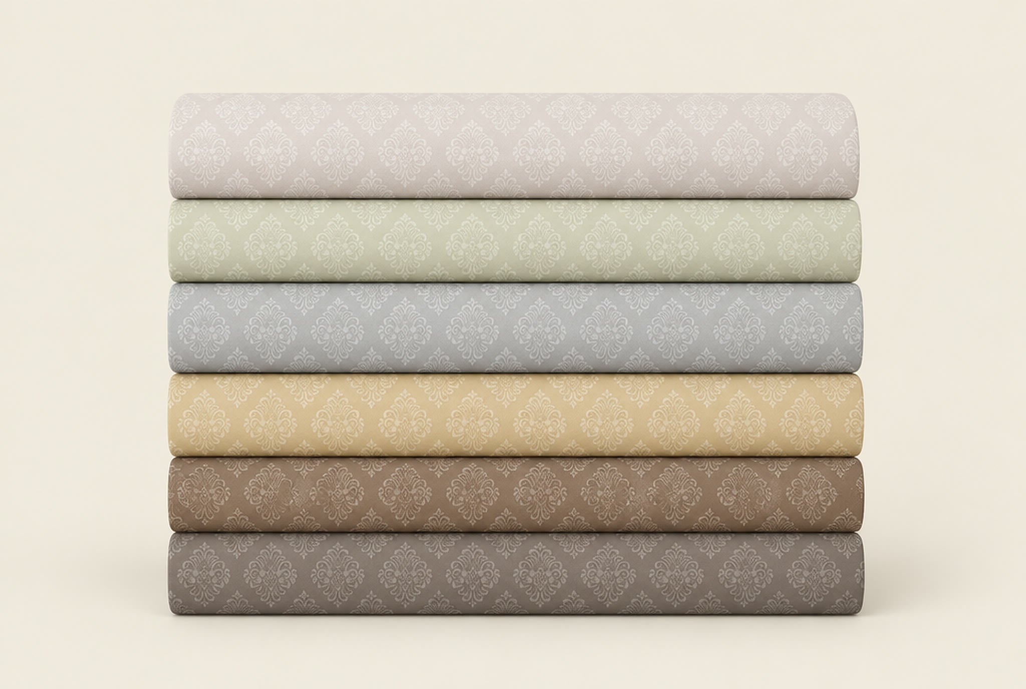 Folded Imperia damask bedsheets in six colours